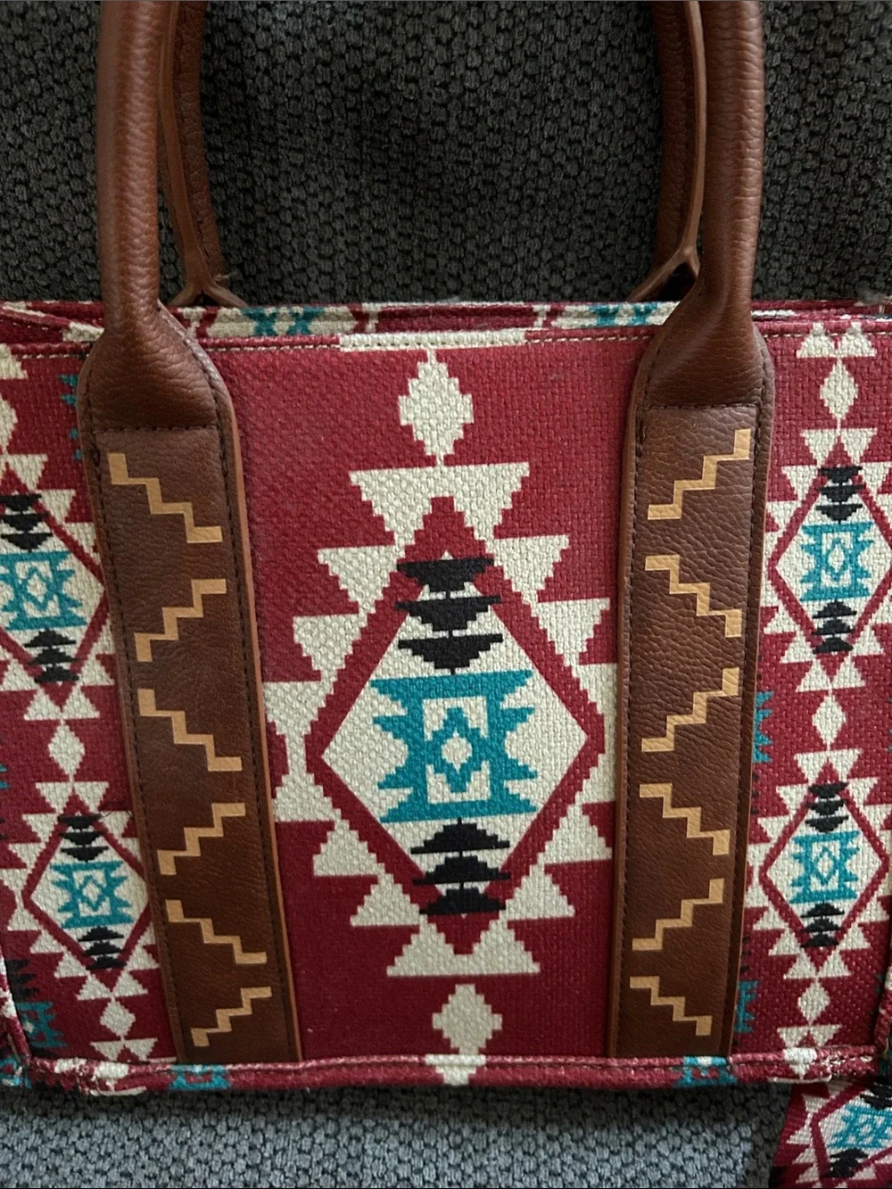 NWOT Wrangler Southwest-Pattern Red Canvas Tote with Brown Leather Trim